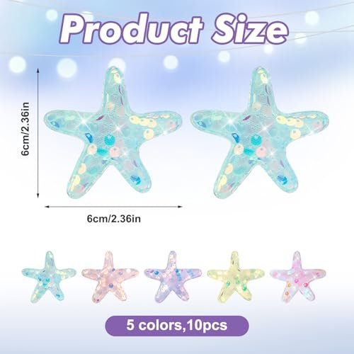 Guduling 10 Pcs Mermaid Hair Clip Set - Glitter Starfish & Shell Hair Clips, Sequins Snap Hair Clips for Women & Girls, Beach Wedding Hairstyle Tool, Multicolor - görsel 4