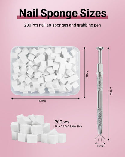Hasakhi 200Pcs Nail Sponges for Ombre with Grabbing Pen - Soft Nail Art Sponges for Blooming Nails, Manicure Nail Art Tools for Home and Salon