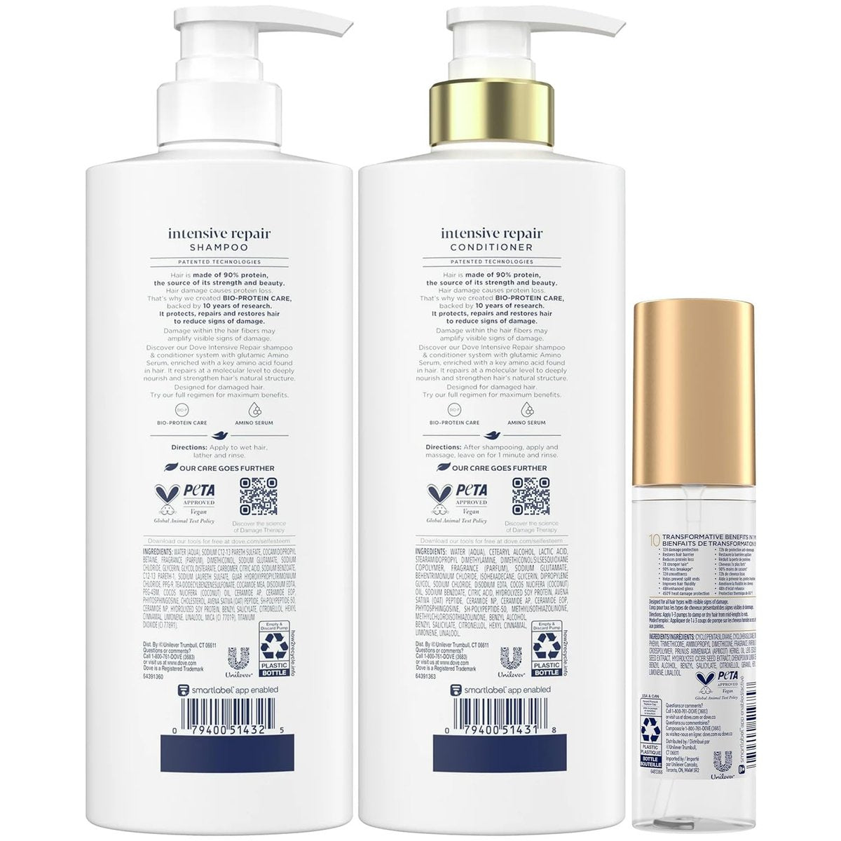 Dove Damage Therapy Intensive Repair Shampoo, Conditioner & Serum Set – Bio-Protein Care for Dry, Damaged Hair (3 Piece Set, 13.1 Fl Oz Each) Avelisse