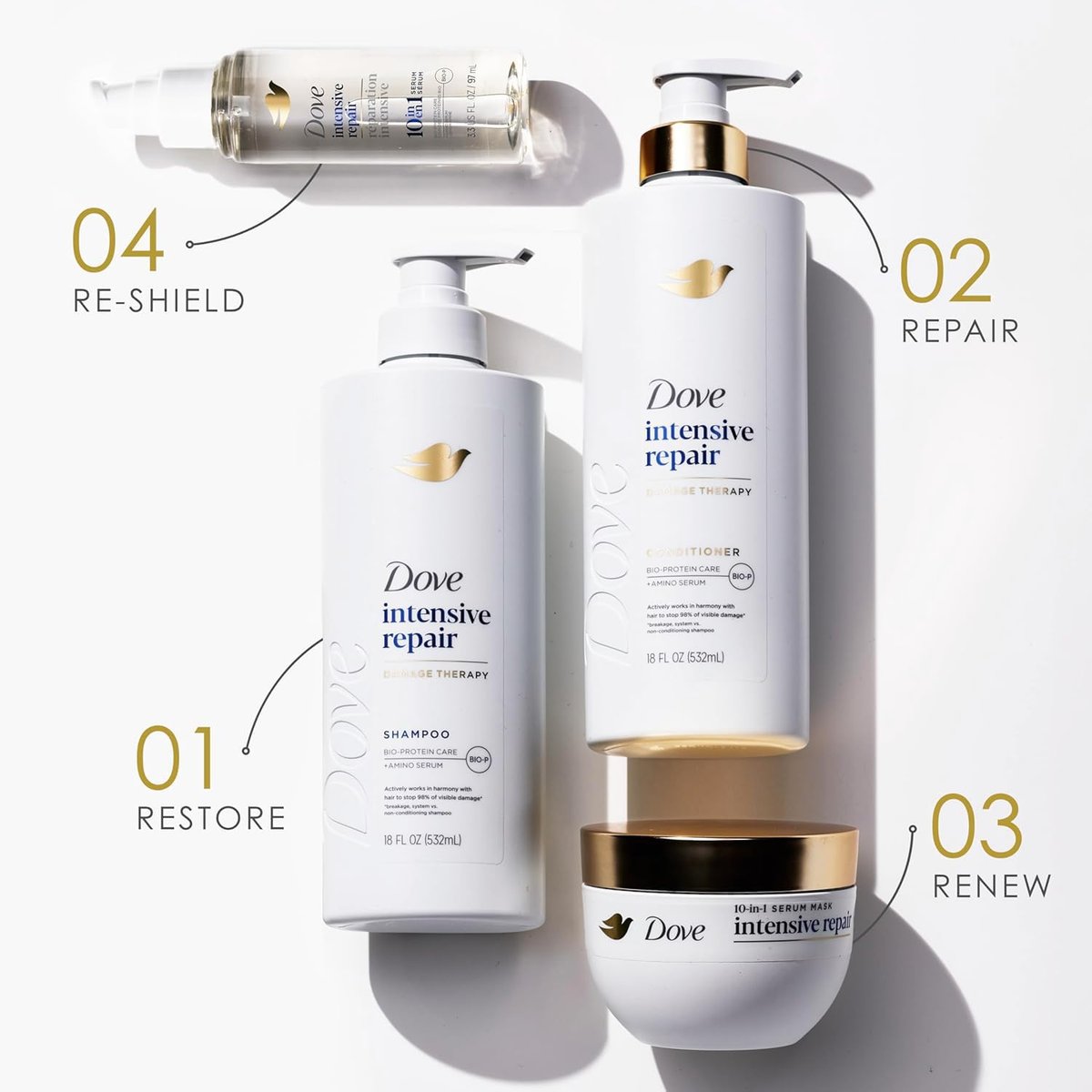 Dove Damage Therapy Intensive Repair Shampoo, Conditioner & Serum Set – Bio-Protein Care for Dry, Damaged Hair (3 Piece Set, 13.1 Fl Oz Each) Avelisse