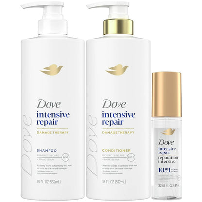 Dove Damage Therapy Intensive Repair Shampoo, Conditioner & Serum Set – Bio-Protein Care for Dry, Damaged Hair (3 Piece Set, 13.1 Fl Oz Each) Avelisse