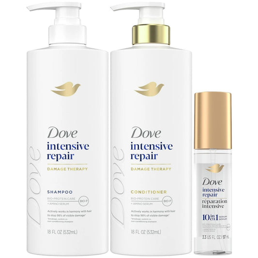 Dove Damage Therapy Intensive Repair Shampoo, Conditioner & Serum Set – Bio-Protein Care for Dry, Damaged Hair (3 Piece Set, 13.1 Fl Oz Each) Avelisse