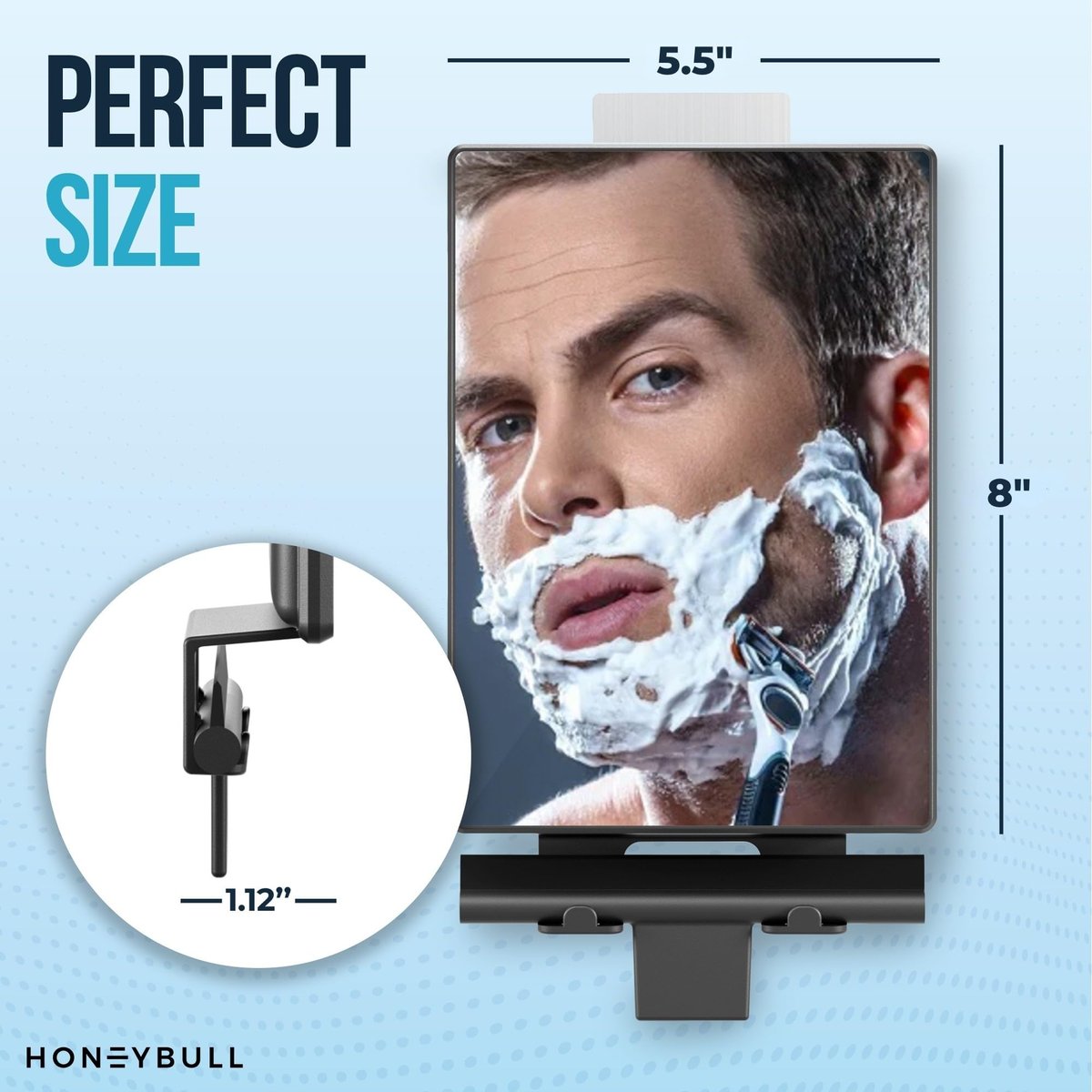 HONEYBULL Fogless Shower Mirror for Shaving – Anti Fog Mirror for Shower with Water Tank, Adhesive Hook Mount, Bonus Razor Holder & Squeegee – for Men and Women, Small Bathroom Accessory (Black) - görsel 15