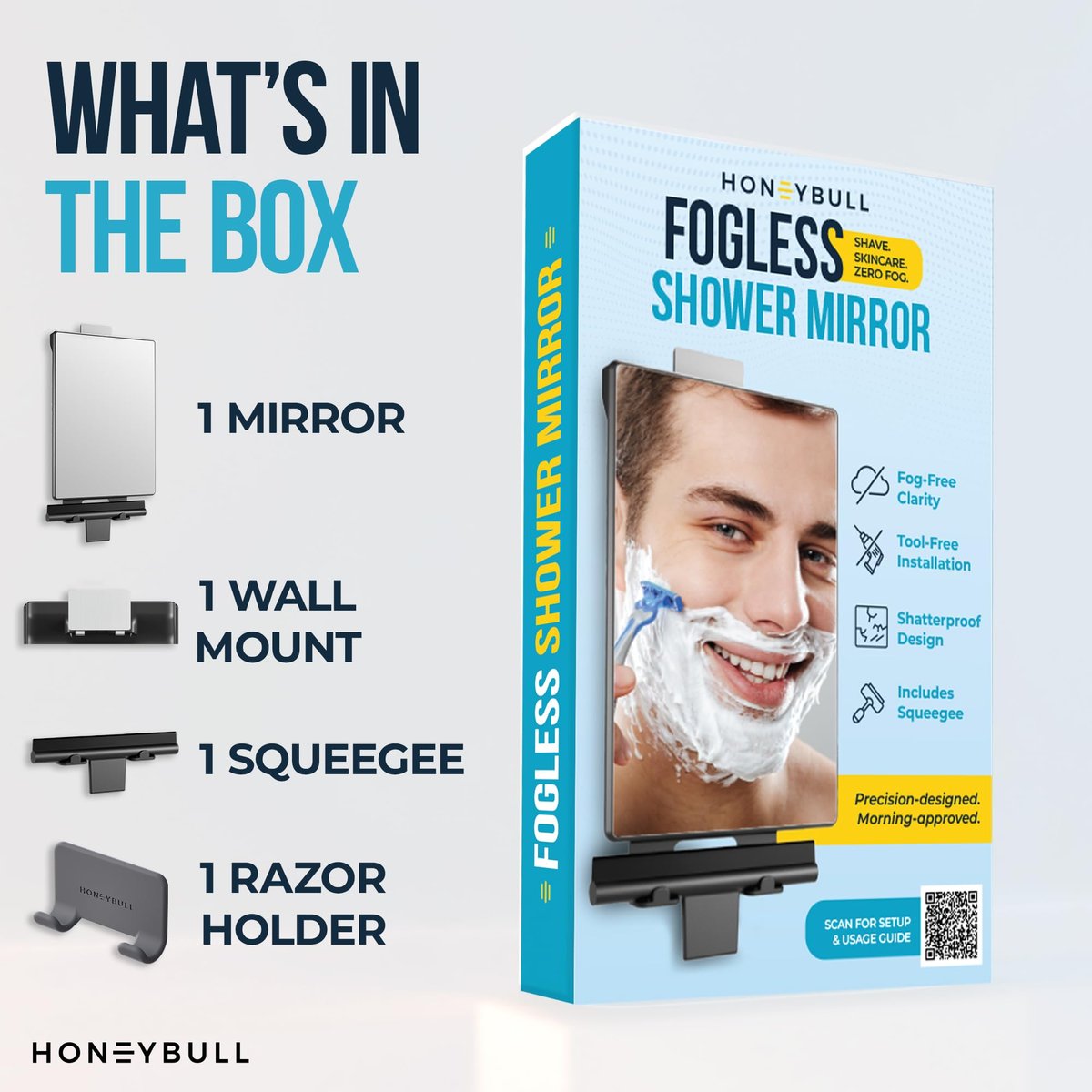 HONEYBULL Fogless Shower Mirror for Shaving – Anti Fog Mirror for Shower with Water Tank, Adhesive Hook Mount, Bonus Razor Holder & Squeegee – for Men and Women, Small Bathroom Accessory (Black) - görsel 13