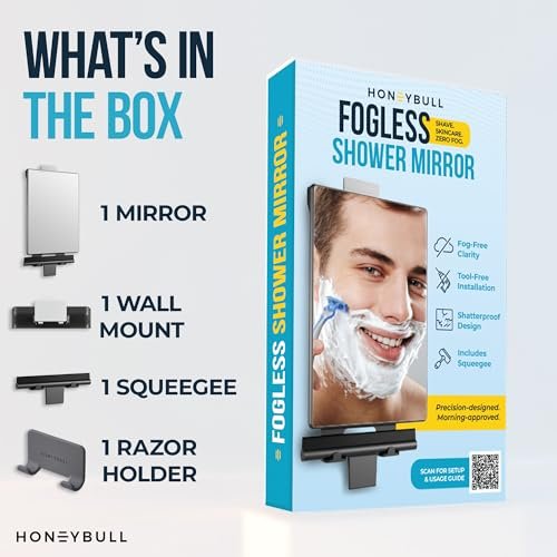 HONEYBULL Fogless Shower Mirror for Shaving – Anti Fog Mirror for Shower with Water Tank, Adhesive Hook Mount, Bonus Razor Holder & Squeegee – for Men and Women, Small Bathroom Accessory (Black) - görsel 14
