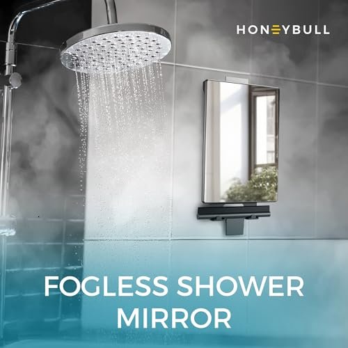 HONEYBULL Fogless Shower Mirror for Shaving – Anti Fog Mirror for Shower with Water Tank, Adhesive Hook Mount, Bonus Razor Holder & Squeegee – for Men and Women, Small Bathroom Accessory (Black) - görsel 4