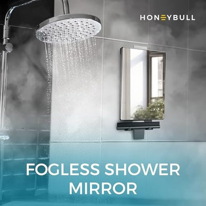 HONEYBULL Fogless Shower Mirror for Shaving – Anti Fog Mirror for Shower with Water Tank, Adhesive Hook Mount, Bonus Razor Holder & Squeegee – for Men and Women, Small Bathroom Accessory (Black)