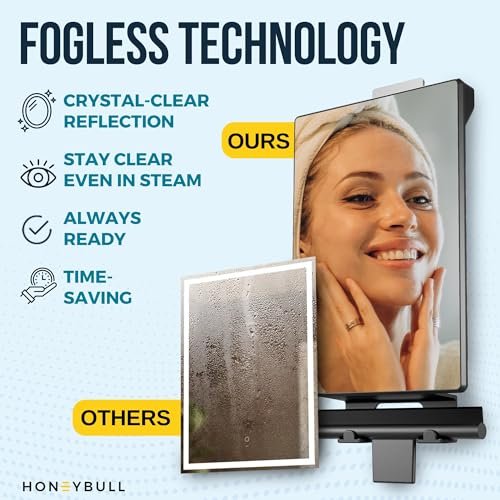 HONEYBULL Fogless Shower Mirror for Shaving – Anti Fog Mirror for Shower with Water Tank, Adhesive Hook Mount, Bonus Razor Holder & Squeegee – for Men and Women, Small Bathroom Accessory (Black) - görsel 8