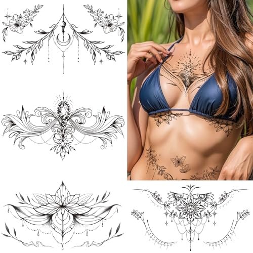 Tazimi 10 Sheets Large Black Flower Chest Underboob Temporary Tattoos for Women & Waist Back Fake Tattoos - Realistic Mandala Flower Branch Tattoo Stickers Body Art - görsel 4