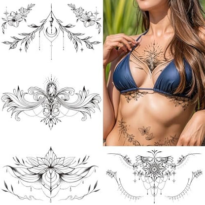 Tazimi 10 Sheets Large Black Flower Chest Underboob Temporary Tattoos for Women & Waist Back Fake Tattoos - Realistic Mandala Flower Branch Tattoo Stickers Body Art