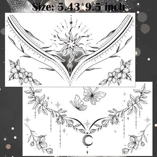 Tazimi 10 Sheets Large Black Flower Chest Underboob Temporary Tattoos for Women & Waist Back Fake Tattoos - Realistic Mandala Flower Branch Tattoo Stickers Body Art - görsel 14