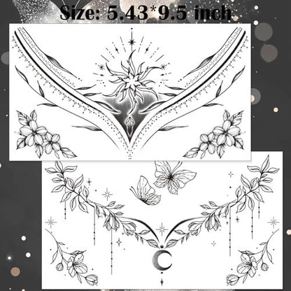 Tazimi 10 Sheets Large Black Flower Chest Underboob Temporary Tattoos for Women & Waist Back Fake Tattoos - Realistic Mandala Flower Branch Tattoo Stickers Body Art