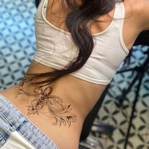Tazimi 10 Sheets Large Black Flower Chest Underboob Temporary Tattoos for Women & Waist Back Fake Tattoos - Realistic Mandala Flower Branch Tattoo Stickers Body Art - görsel 8