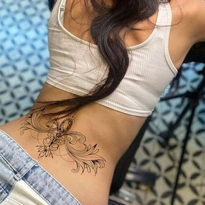 Tazimi 10 Sheets Large Black Flower Chest Underboob Temporary Tattoos for Women & Waist Back Fake Tattoos - Realistic Mandala Flower Branch Tattoo Stickers Body Art