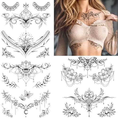 Tazimi 10 Sheets Large Black Flower Chest Underboob Temporary Tattoos for Women & Waist Back Fake Tattoos - Realistic Mandala Flower Branch Tattoo Stickers Body Art - görsel 2