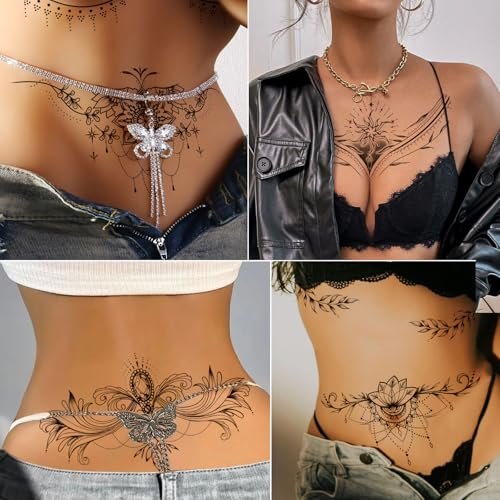 Tazimi 10 Sheets Large Black Flower Chest Underboob Temporary Tattoos for Women & Waist Back Fake Tattoos - Realistic Mandala Flower Branch Tattoo Stickers Body Art - görsel 6