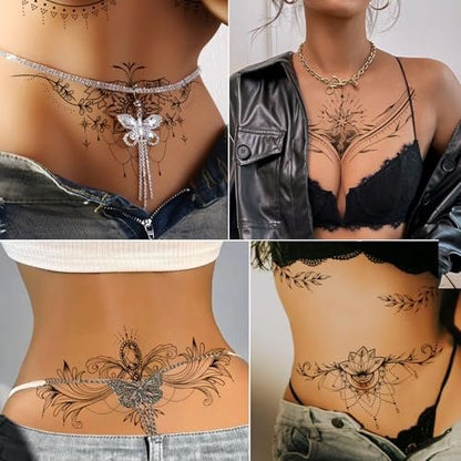 Tazimi 10 Sheets Large Black Flower Chest Underboob Temporary Tattoos for Women & Waist Back Fake Tattoos - Realistic Mandala Flower Branch Tattoo Stickers Body Art