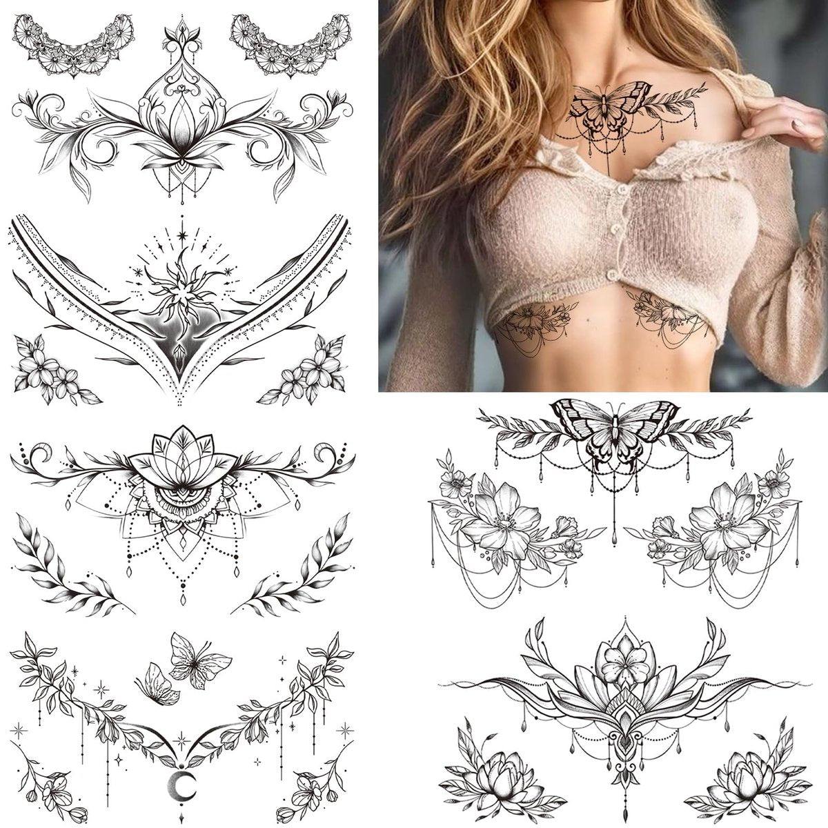 Tazimi 10 Sheets Large Black Flower Chest Underboob Temporary Tattoos for Women & Waist Back Fake Tattoos - Realistic Mandala Flower Branch Tattoo Stickers Body Art - görsel 1