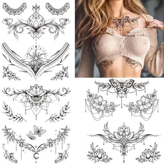 Tazimi 10 Sheets Large Black Flower Chest Underboob Temporary Tattoos for Women & Waist Back Fake Tattoos - Realistic Mandala Flower Branch Tattoo Stickers Body Art