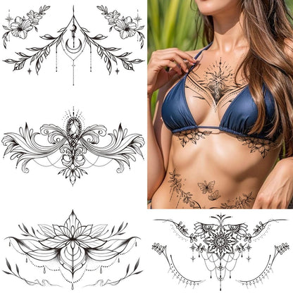 Tazimi 10 Sheets Large Black Flower Chest Underboob Temporary Tattoos for Women & Waist Back Fake Tattoos - Realistic Mandala Flower Branch Tattoo Stickers Body Art