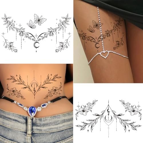 Tazimi 10 Sheets Large Black Flower Chest Underboob Temporary Tattoos for Women & Waist Back Fake Tattoos - Realistic Mandala Flower Branch Tattoo Stickers Body Art - görsel 10