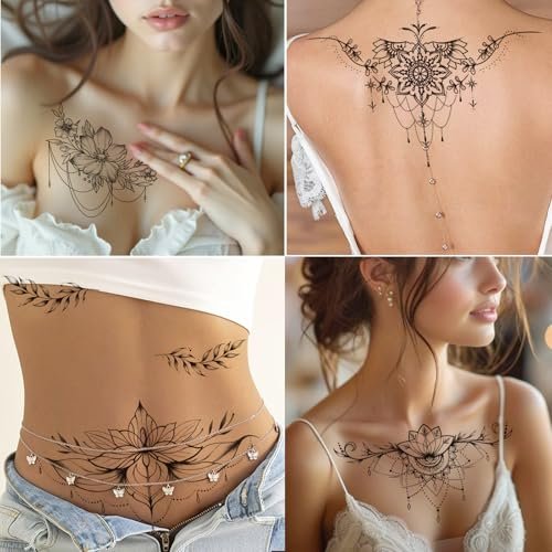 Tazimi 10 Sheets Large Black Flower Chest Underboob Temporary Tattoos for Women & Waist Back Fake Tattoos - Realistic Mandala Flower Branch Tattoo Stickers Body Art - görsel 16
