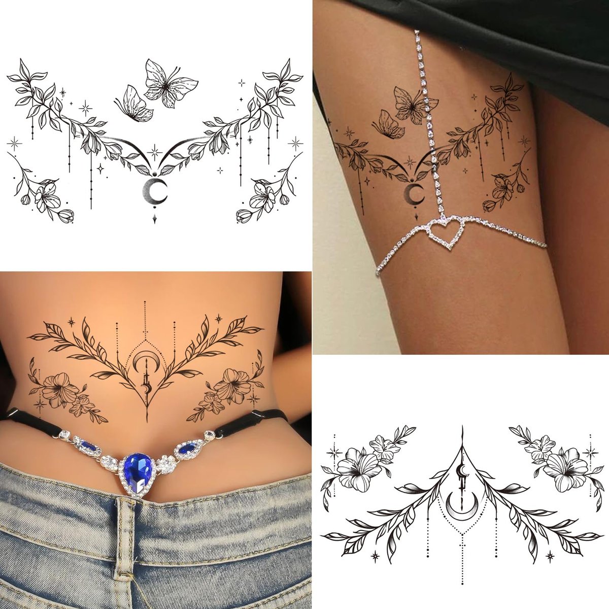 Tazimi 10 Sheets Large Black Flower Chest Underboob Temporary Tattoos for Women & Waist Back Fake Tattoos - Realistic Mandala Flower Branch Tattoo Stickers Body Art - görsel 9