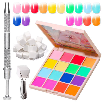 GELLAKTIK Ombre Gel Nail Polish 16 Colors Neon Set - UV/LED Curing Patting Gel with Sponge Applicators for Blush Blooming Floral Aura French Manicure DIY Nail Art Palette Avelisse