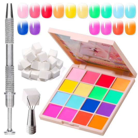 GELLAKTIK Ombre Gel Nail Polish 16 Colors Neon Set - UV/LED Curing Patting Gel with Sponge Applicators for Blush Blooming Floral Aura French Manicure DIY Nail Art Palette Avelisse