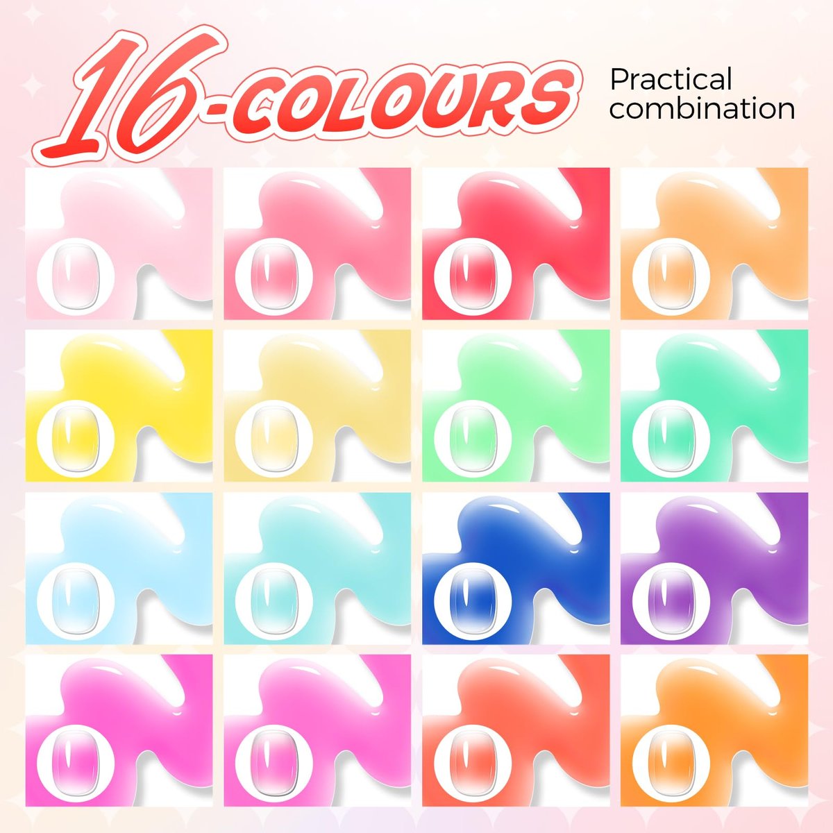 GELLAKTIK Ombre Gel Nail Polish 16 Colors Neon Set - UV/LED Curing Patting Gel with Sponge Applicators for Blush Blooming Floral Aura French Manicure DIY Nail Art Palette Avelisse