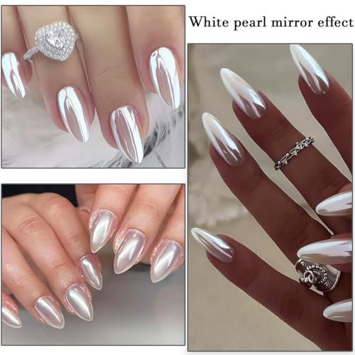 Moonlight White Pearl Chrome Nail Powder – 3 Pcs Super Glossy Holographic Glitter Set - görsel 14