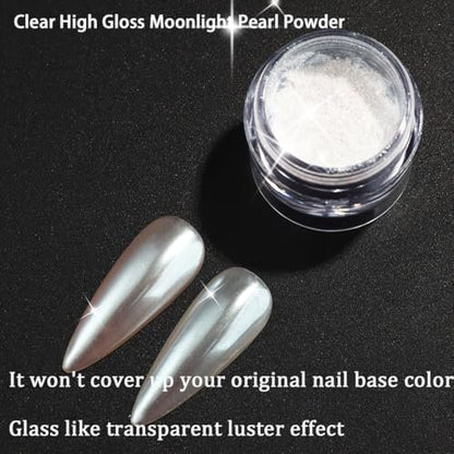 Moonlight White Pearl Chrome Nail Powder – 3 Pcs Super Glossy Holographic Glitter Set