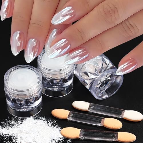 Moonlight White Pearl Chrome Nail Powder – 3 Pcs Super Glossy Holographic Glitter Set - görsel 2