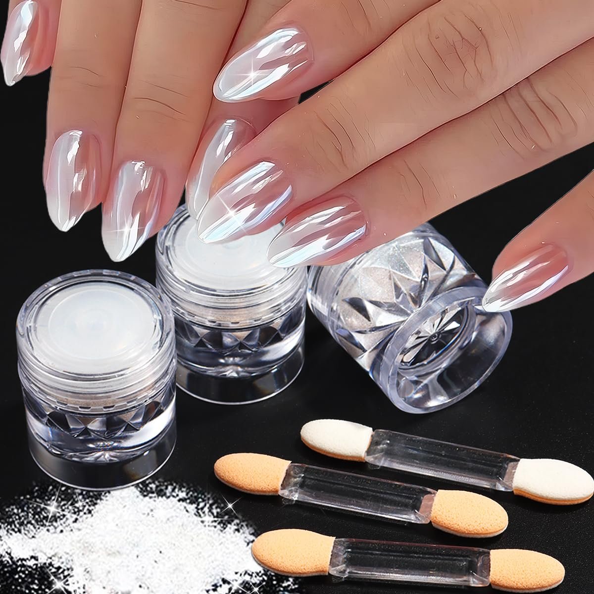 Moonlight White Pearl Chrome Nail Powder – 3 Pcs Super Glossy Holographic Glitter Set - görsel 1