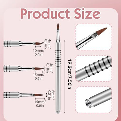 3 Pack 3D Flower Brush for Acrylic Nail Art - Kolinsky Nail Brushes #2 #4 #5 with Non-Slip Grip Handle, Silver