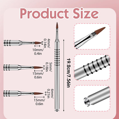 3 Pack 3D Flower Brush for Acrylic Nail Art - Kolinsky Nail Brushes #2 #4 #5 with Non-Slip Grip Handle, Silver