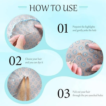 Classicseali 3pcs Hair Color Cap Set with Metal Hooks and Dye Comb & Brush for Salon and DIY Hair Dyeing - Blue Highlight Cap