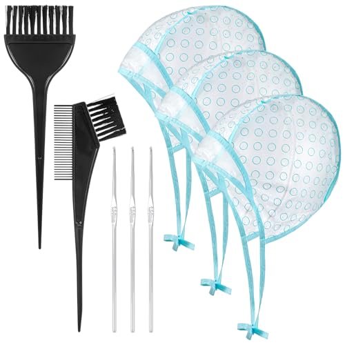 Classicseali 3pcs Hair Color Cap Set with Metal Hooks and Dye Comb & Brush for Salon and DIY Hair Dyeing - Blue Highlight Cap - görsel 2