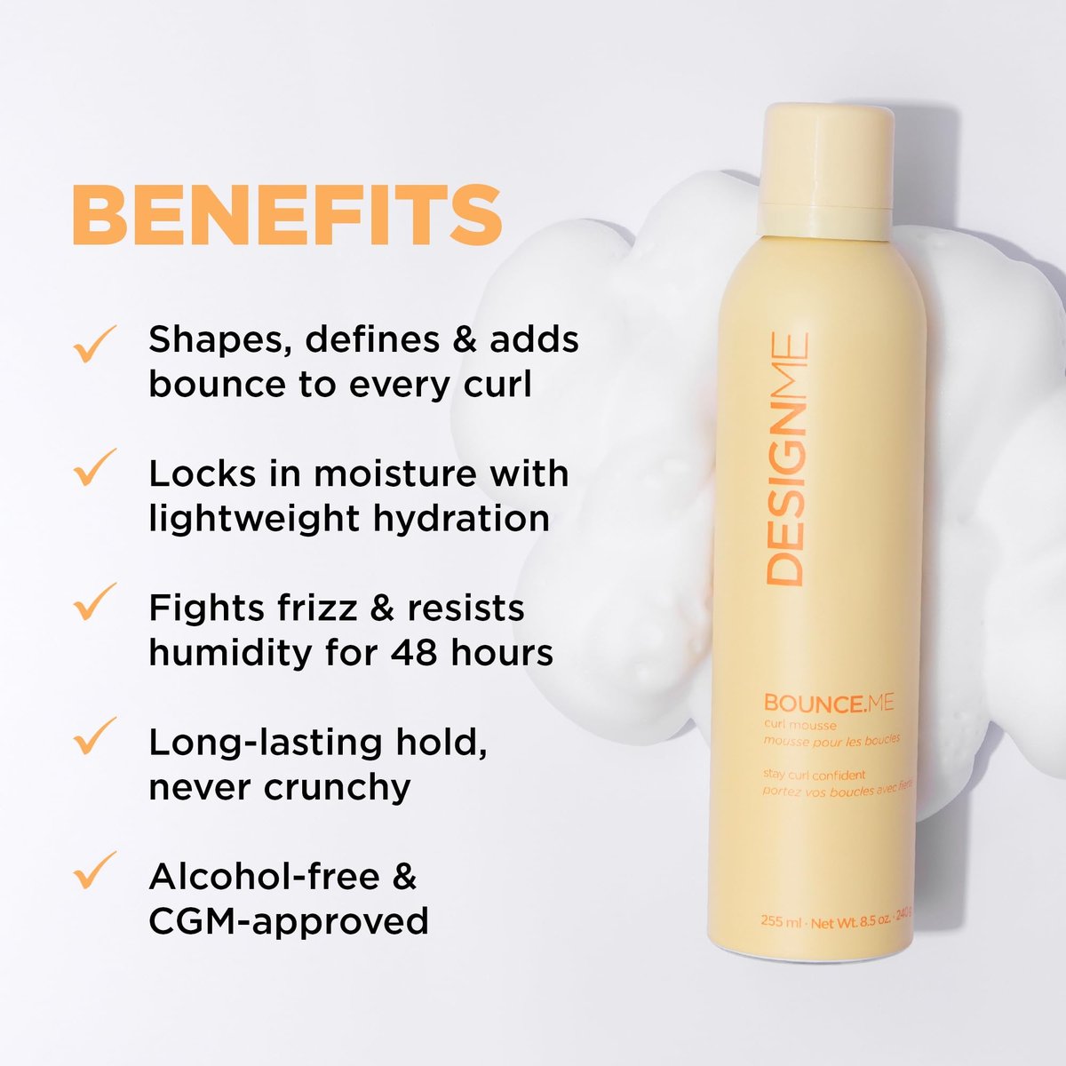 Design.Me BOUNCE.ME Curl Mousse – Lightweight Curl Defining Mousse for Wavy & Curly Hair, Frizz Control, Humidity Resistant, Alcohol-Free, CGM Approved, 8.5 Fl Oz Avelisse