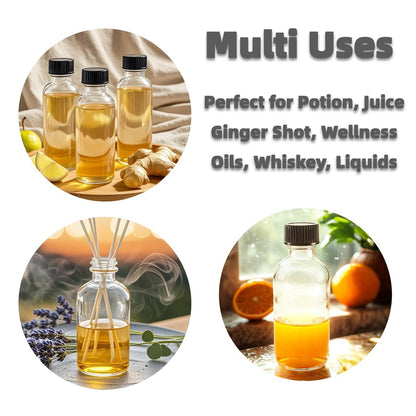 Mini Glass Bottles 2oz with Caps (6 Pack) - Leak Proof Small Shot Bottles for Essential Oils, Travel, Wellness Shots, Liquids (60mL Clear Reusable)