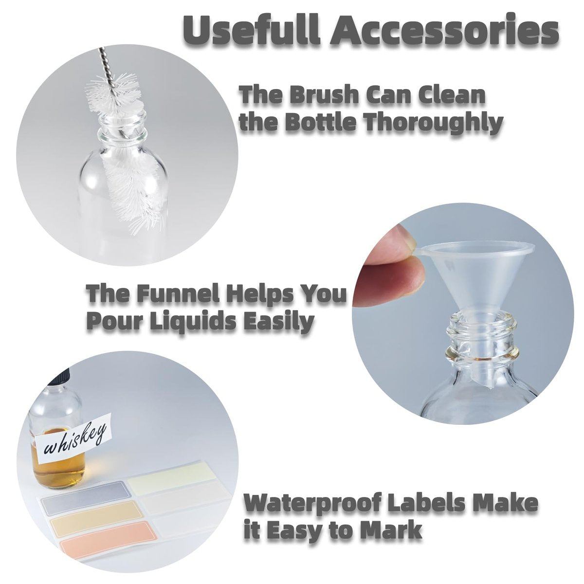 Mini Glass Bottles 2oz with Caps (6 Pack) - Leak Proof Small Shot Bottles for Essential Oils, Travel, Wellness Shots, Liquids (60mL Clear Reusable) - görsel 11