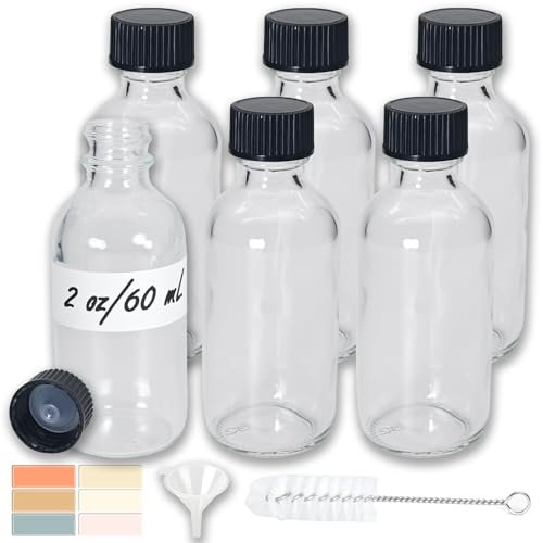 Mini Glass Bottles 2oz with Caps (6 Pack) - Leak Proof Small Shot Bottles for Essential Oils, Travel, Wellness Shots, Liquids (60mL Clear Reusable) - görsel 2