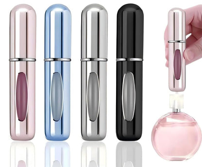 4-Pack Refillable Perfume Travel Bottles - 5ml Aluminum Atomizer Sprayers for Essential Oils, Pocket-Sized for Men & Women (Black, Pink, Blue, Silver)