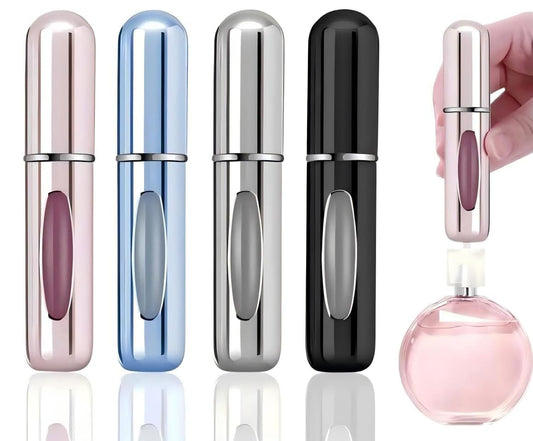 4-Pack Refillable Perfume Travel Bottles - 5ml Aluminum Atomizer Sprayers for Essential Oils, Pocket-Sized for Men & Women (Black, Pink, Blue, Silver)