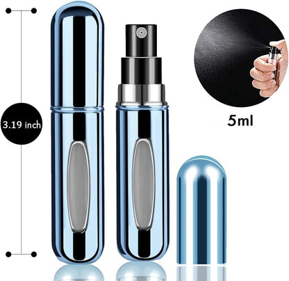 4-Pack Refillable Perfume Travel Bottles - 5ml Aluminum Atomizer Sprayers for Essential Oils, Pocket-Sized for Men & Women (Black, Pink, Blue, Silver)