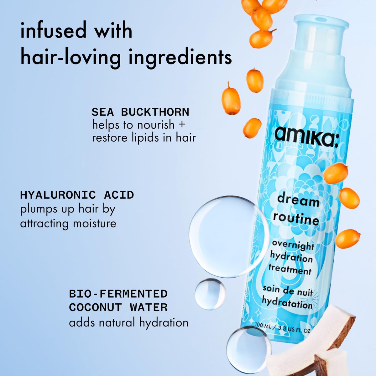Amika Dream Routine Overnight Hydrating Hair Mask | No Rinse Leave-In Treatment for Dry Hair with Hyaluronic Acid Avelisse