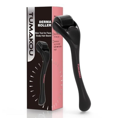 TUMAKOU Derma Roller for Face, Scalp, and Beard - Microneedling Roller for Hair Growth & Skin Rejuvenation (Black)