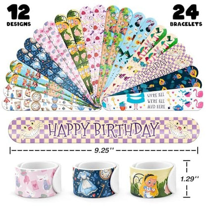 BOIKOKY 96 Pcs Alice in Wonderland Party Favor Set - Slap Bracelets & Tattoos, Fairytale Princess Birthday Gifts for Girls, Tea Party Decorations, Bulk Toys for Kids