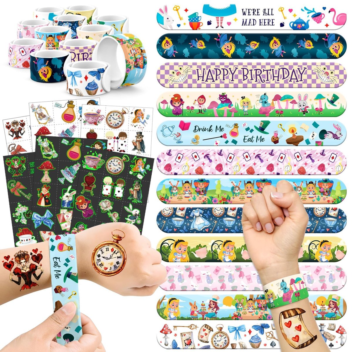 BOIKOKY 96 Pcs Alice in Wonderland Party Favor Set - Slap Bracelets & Tattoos, Fairytale Princess Birthday Gifts for Girls, Tea Party Decorations, Bulk Toys for Kids - görsel 1