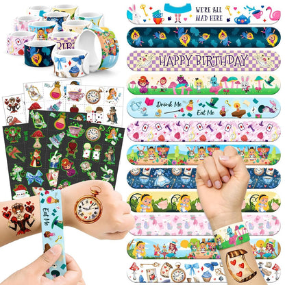 BOIKOKY 96 Pcs Alice in Wonderland Party Favor Set - Slap Bracelets & Tattoos, Fairytale Princess Birthday Gifts for Girls, Tea Party Decorations, Bulk Toys for Kids